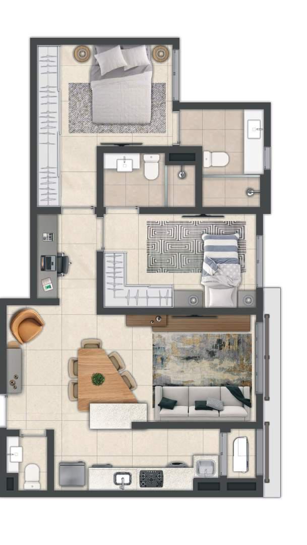 Planta 74,30m² · 2 Suítes · Gourmet Integrado