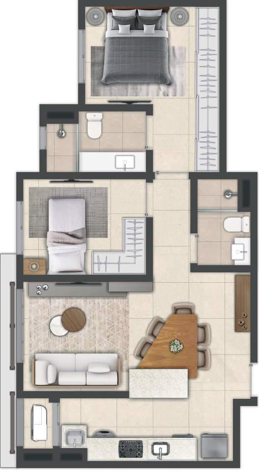 Planta 64,30m² · 2 Dorms. (1 Suíte) · Gourmet Integrado